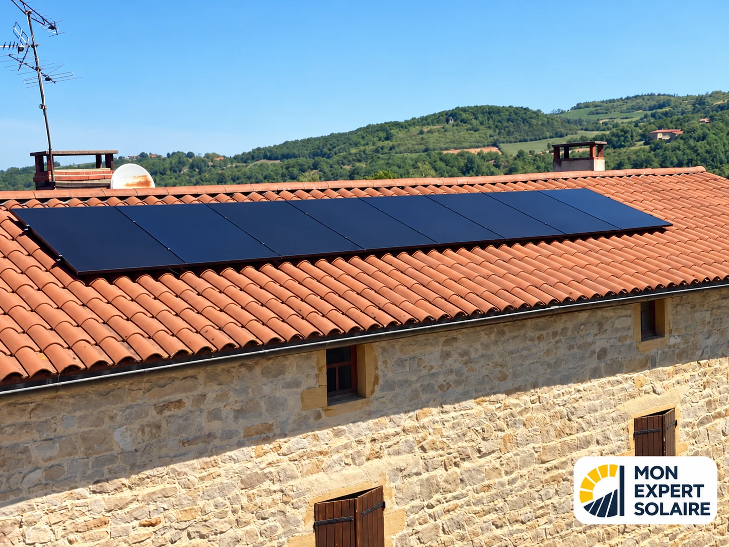 Panneaux solaires noirs alignés sur la toiture d’un bâtiment en pierre.